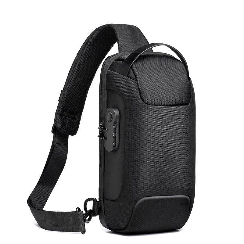 Black minimalist sling bag with durable fabric, adjustable strap, and security lock feature
