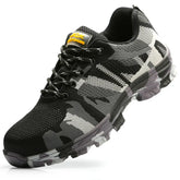 Black and grey camo mesh sneaker with chunky sole, modern athletic streetwear style