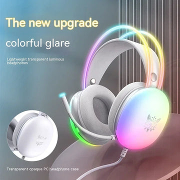 White over-ear headphones with rainbow LED lighting, mesh fabric padding, and transparent PC material.