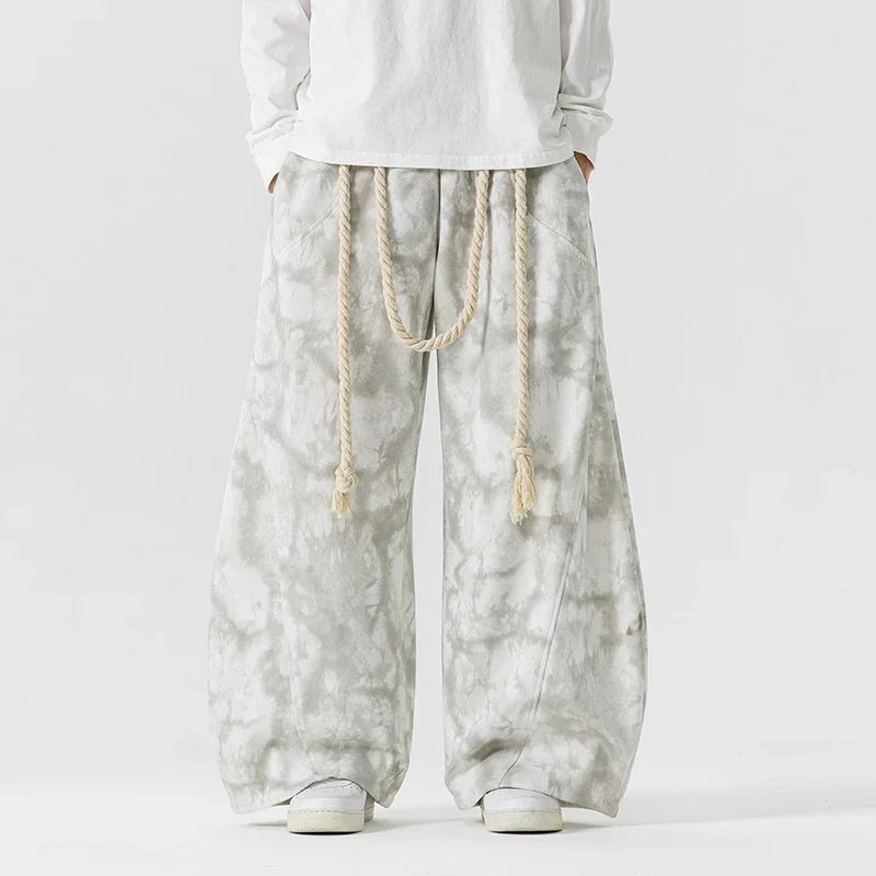 Wide leg tie dye pants with rope belt, loose fit, light grey cotton streetwear style