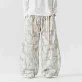 Wide leg tie dye pants with rope belt, loose fit, light grey cotton streetwear style