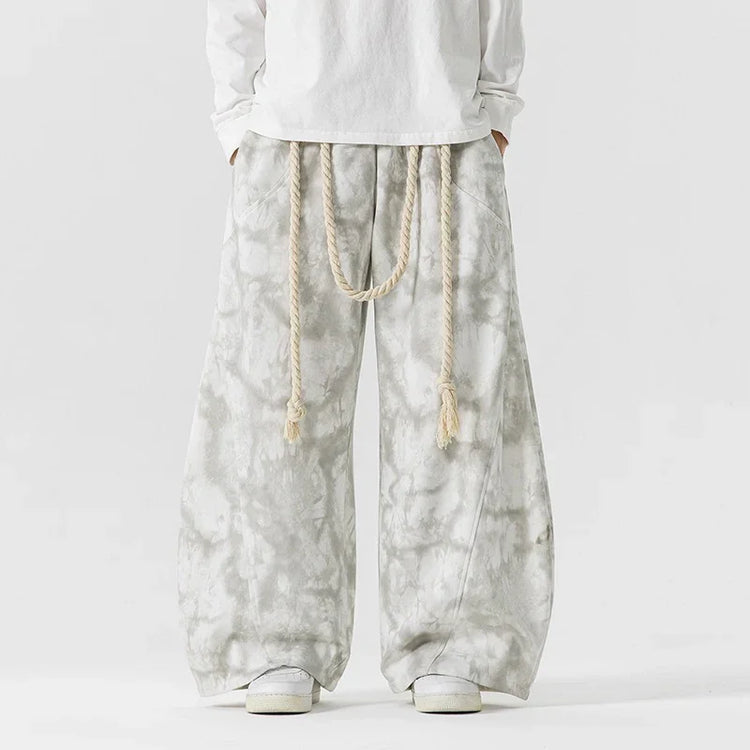 Wide leg tie dye pants with rope belt, loose fit, light grey cotton streetwear style