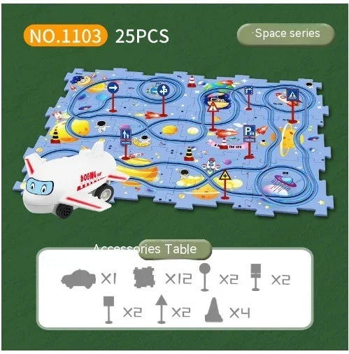 Colorful puzzle mat with space-themed design, includes toy airplane, traffic signs, and cones.
