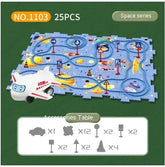 Colorful puzzle mat with space-themed design, includes toy airplane, traffic signs, and cones.