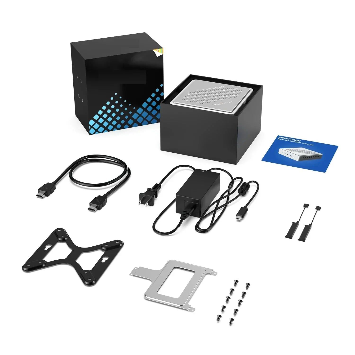 Tech accessory unboxing with compact silver device, power adapter, cables, and mounting hardware
