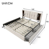Modern upholstered bed frame in cream color with storage drawers and detailed measurements in centimeters.