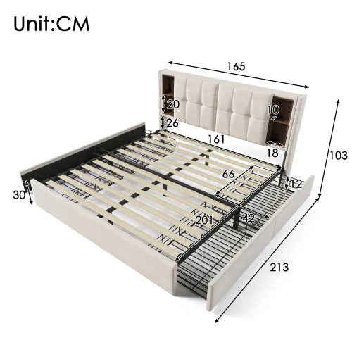 Modern upholstered bed frame in cream color with storage drawers and detailed measurements in centimeters.