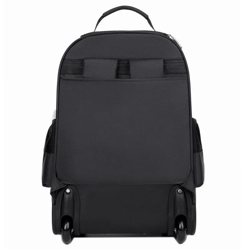 Black rolling backpack with durable fabric, mesh side pockets, and sturdy wheels, rear view