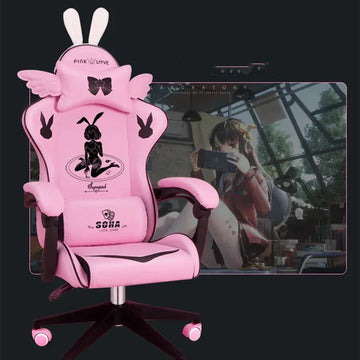 Pink ergonomic gaming chair with bunny ears, wing accents, and plush material in modern setup