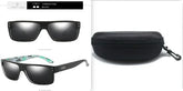 Black rectangular sunglasses with reflective lenses, camouflage accent arms, and hardshell case