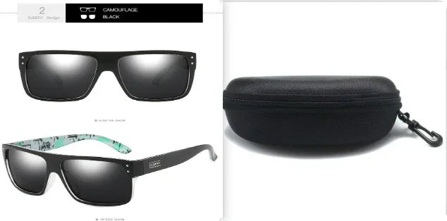 Black rectangular sunglasses with reflective lenses, camouflage accent arms, and hardshell case