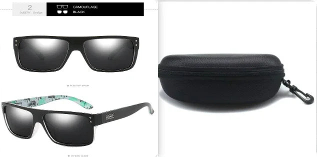 Black rectangular sunglasses with reflective lenses, camouflage accent arms, and hardshell case