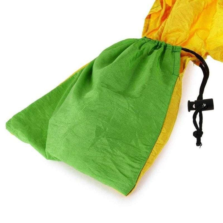 Green and yellow nylon drawstring bag with adjustable cord, lightweight material