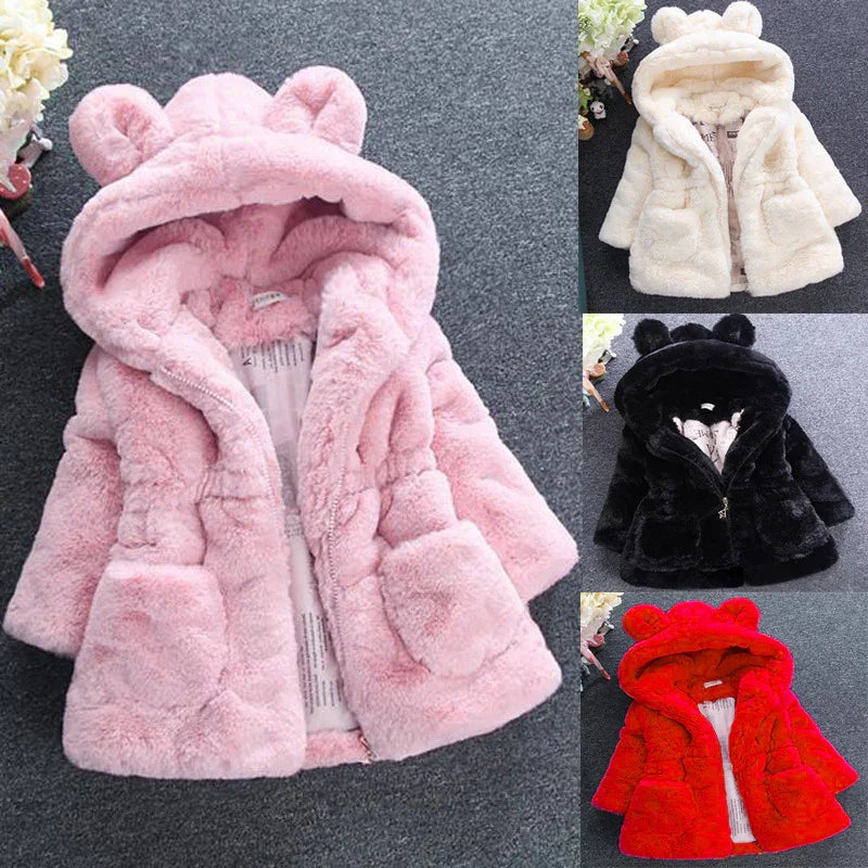 Plush faux fur hooded kids coats in pink, white, black, and red with bear ears and roomy fit