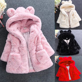 Plush faux fur hooded kids coats in pink, white, black, and red with bear ears and roomy fit