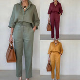 Women wearing relaxed fit linen two-piece sets in green, burgundy, and mustard, with wide leg pants and button-up tops.
