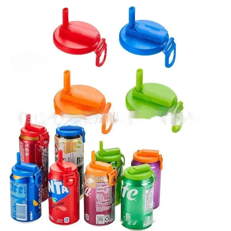 Colorful plastic can lids with straws for soda cans, reusable drink covers in red, blue, orange, and green.