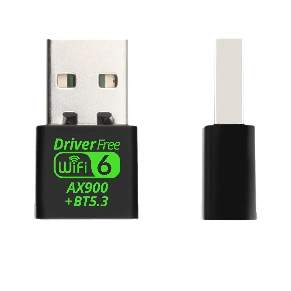 Black USB WiFi 6 AX900 and Bluetooth 5.3 adapter with green text on casing