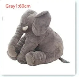 Gray plush elephant toy, soft fabric, sitting position, approximately 60cm tall.