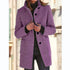 Woman wearing a tailored purple wool coat with black buttons and front pockets, casual fit