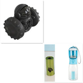 Set of dog accessories including a black spiked rubber chew toy, green waste bag roll, and blue portable water bottle.