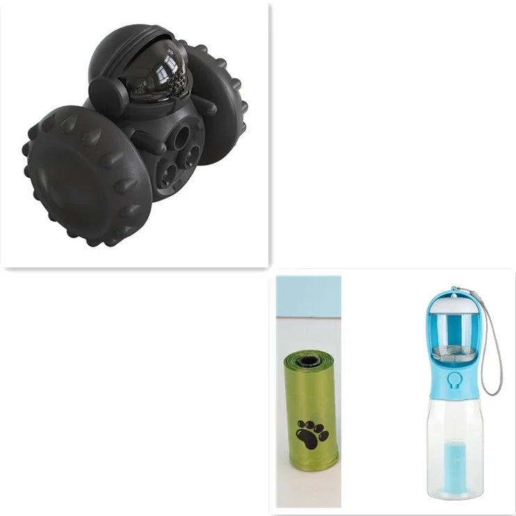 Set of dog accessories including a black spiked rubber chew toy, green waste bag roll, and blue portable water bottle.