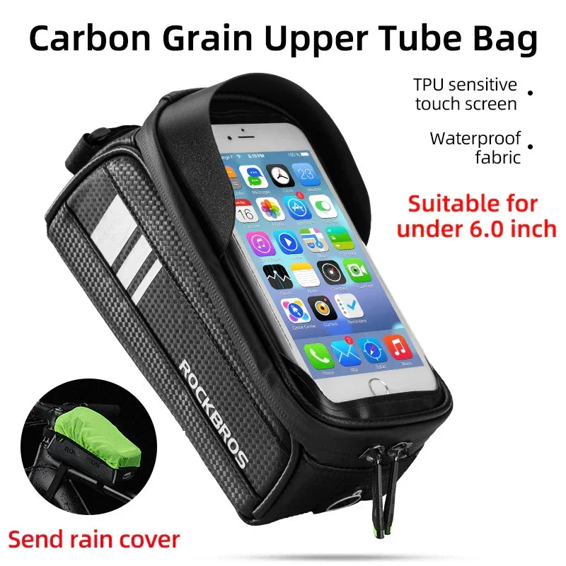 Black carbon grain bike top tube bag with waterproof fabric, touch screen window, and rain cover