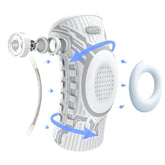 Futuristic white and grey knee brace with adjustable straps and breathable mesh, technical streetwear style.