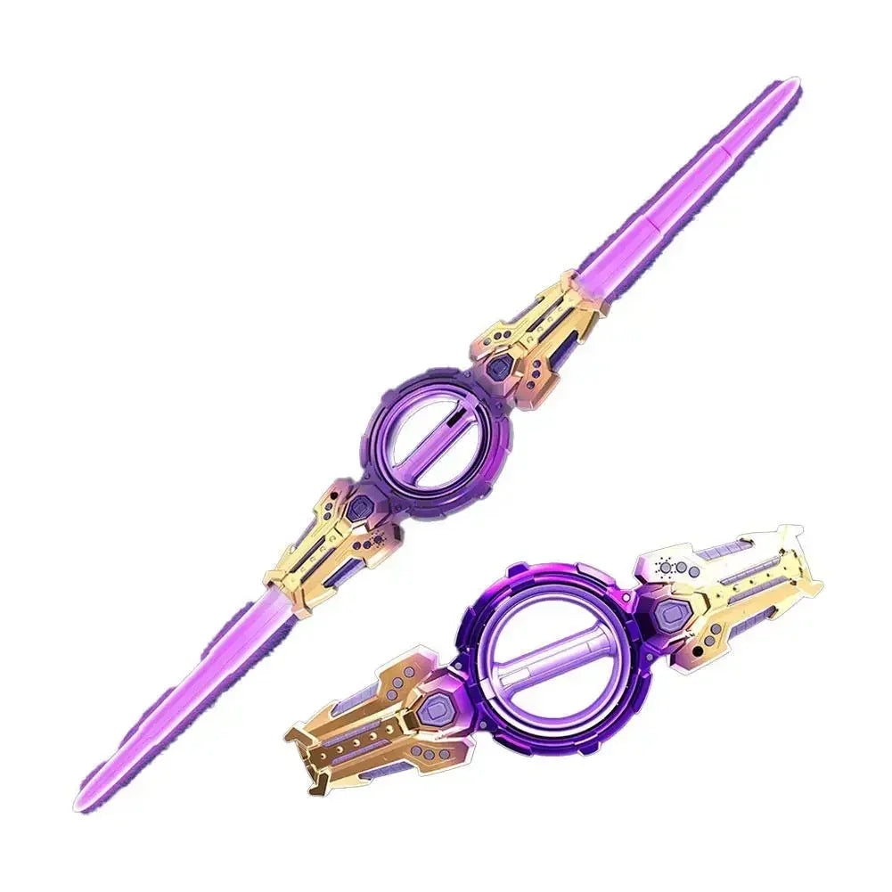 Futuristic purple and gold plastic toy sword with circular center and tech details