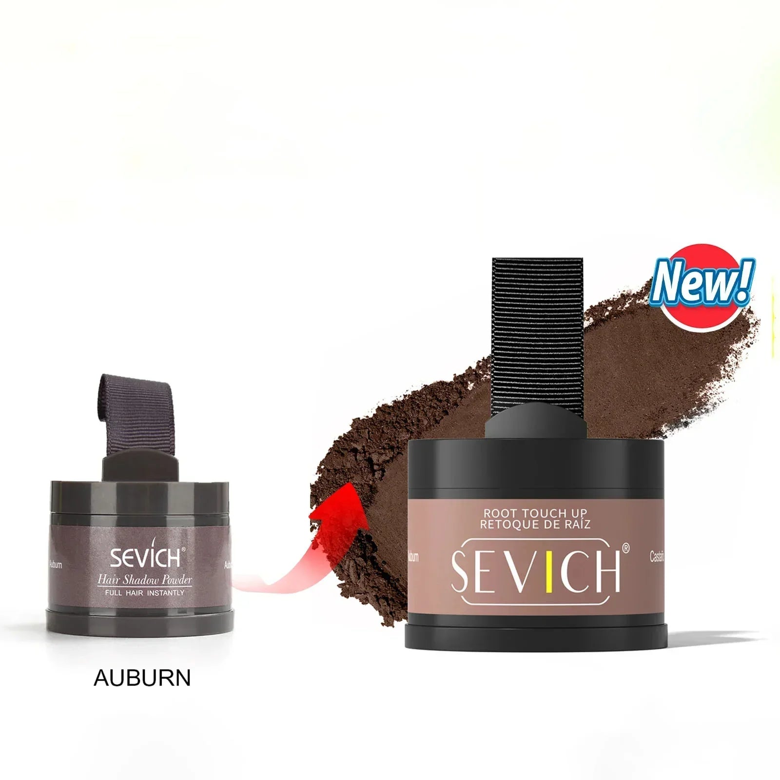 Auburn brown hair root touch up powder in compact container with applicator, makeup accessory