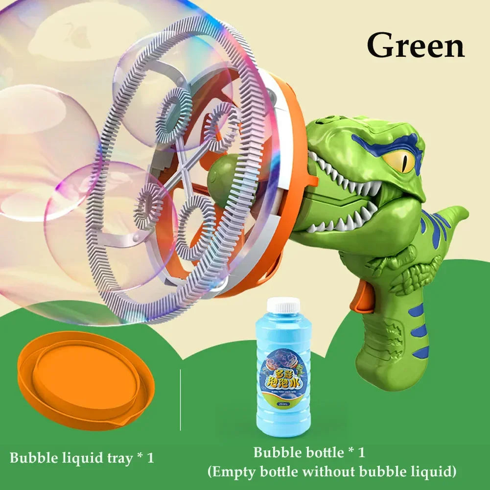 Green dinosaur-shaped bubble gun toy with large circular wand, orange tray, and empty bubble bottle.