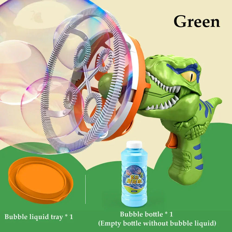 Green dinosaur-shaped bubble gun toy with large circular wand, orange tray, and empty bubble bottle.