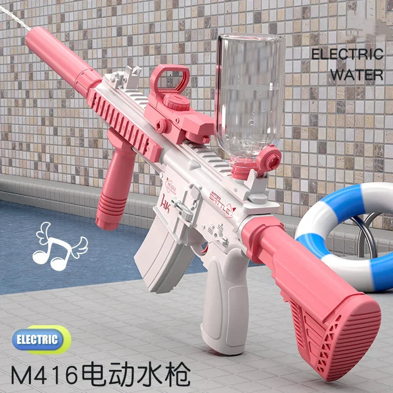 Electric pink and white water gun with clear water tank, ergonomic grip, modern design