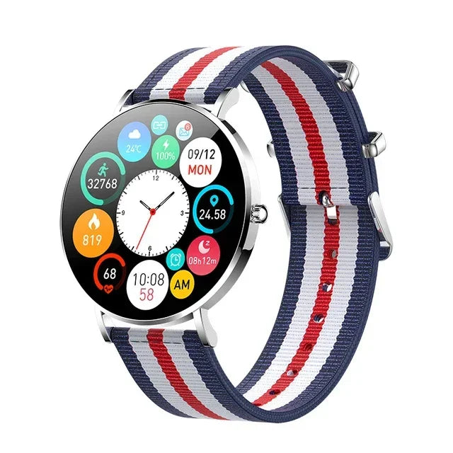 Modern smart watch with round touchscreen, blue red and white nylon strap, fitness tracker