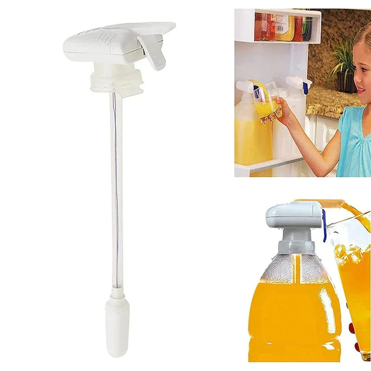 Automatic beverage dispenser pump for bottles with white plastic top and long tube, easy drink pouring.