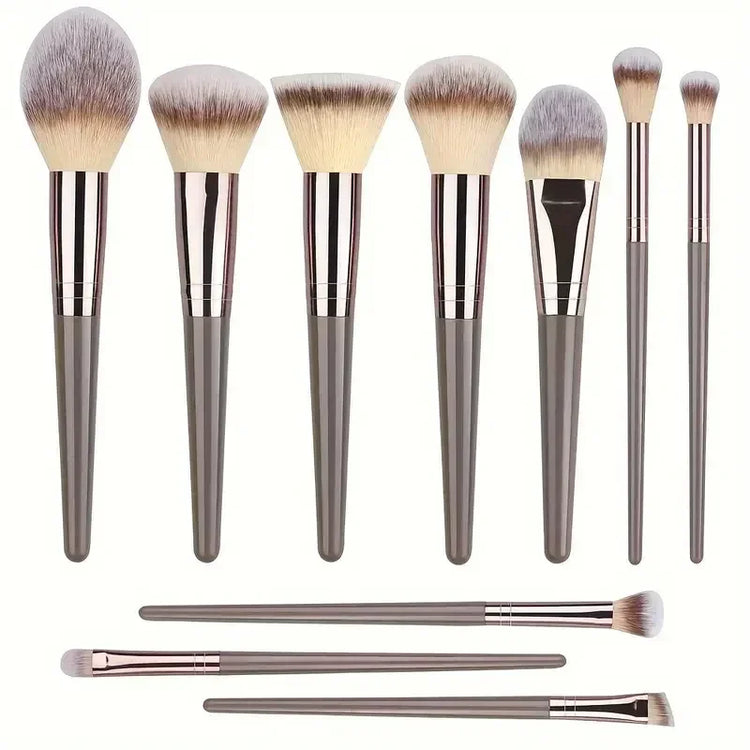 Set of 10 gray-handled makeup brushes with soft synthetic bristles, various shapes and sizes.