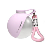 Round pastel pink and white water bottle with a pink handle and modern text detail