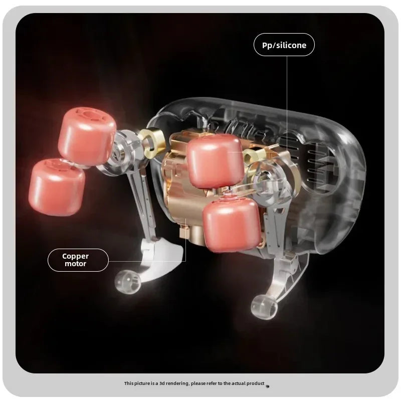 3D rendering of massage device with visible copper motor and silicone rollers