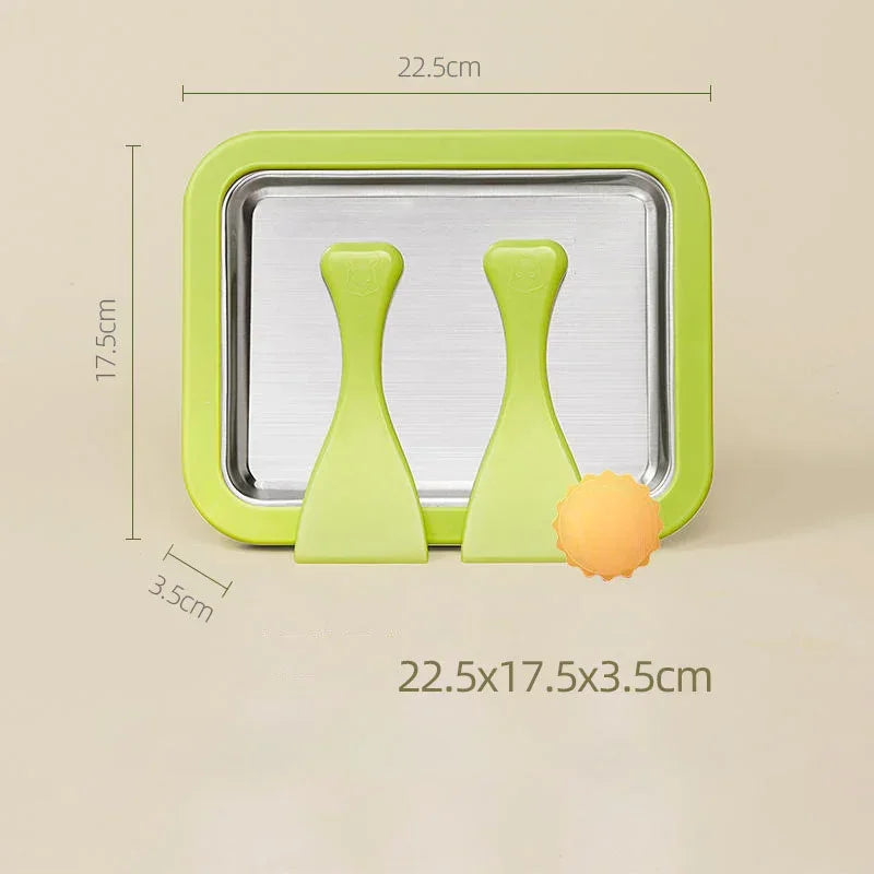 Green and silver rectangular metal tray with two green spatulas, dimensions 22.5x17.5x3.5cm