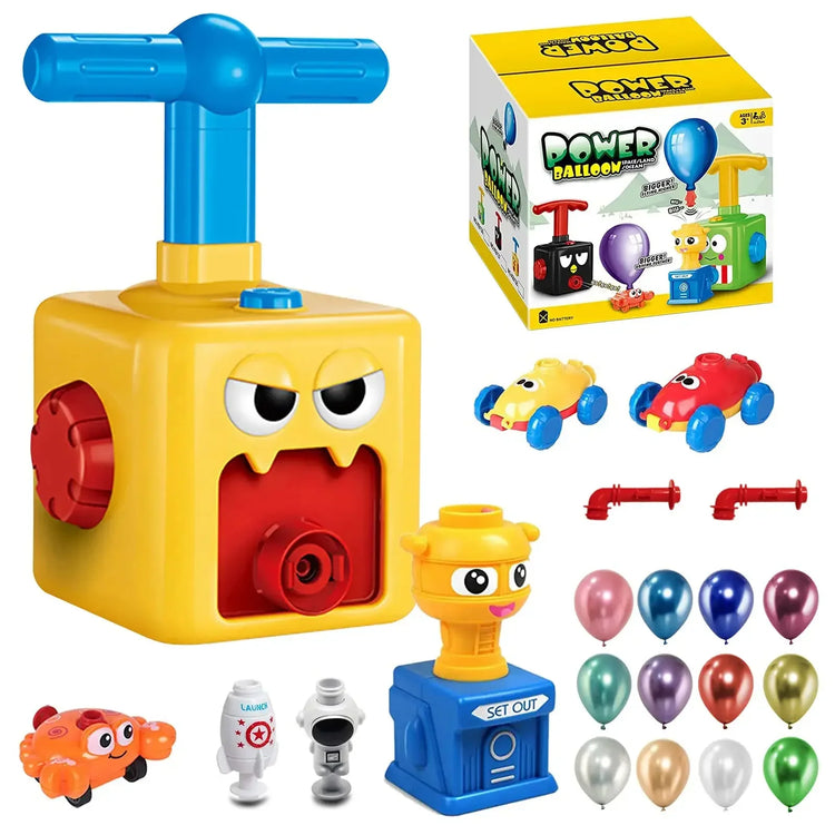 Colorful plastic balloon pump toy set with cartoon pump, cars, rockets, astronauts, and balloons