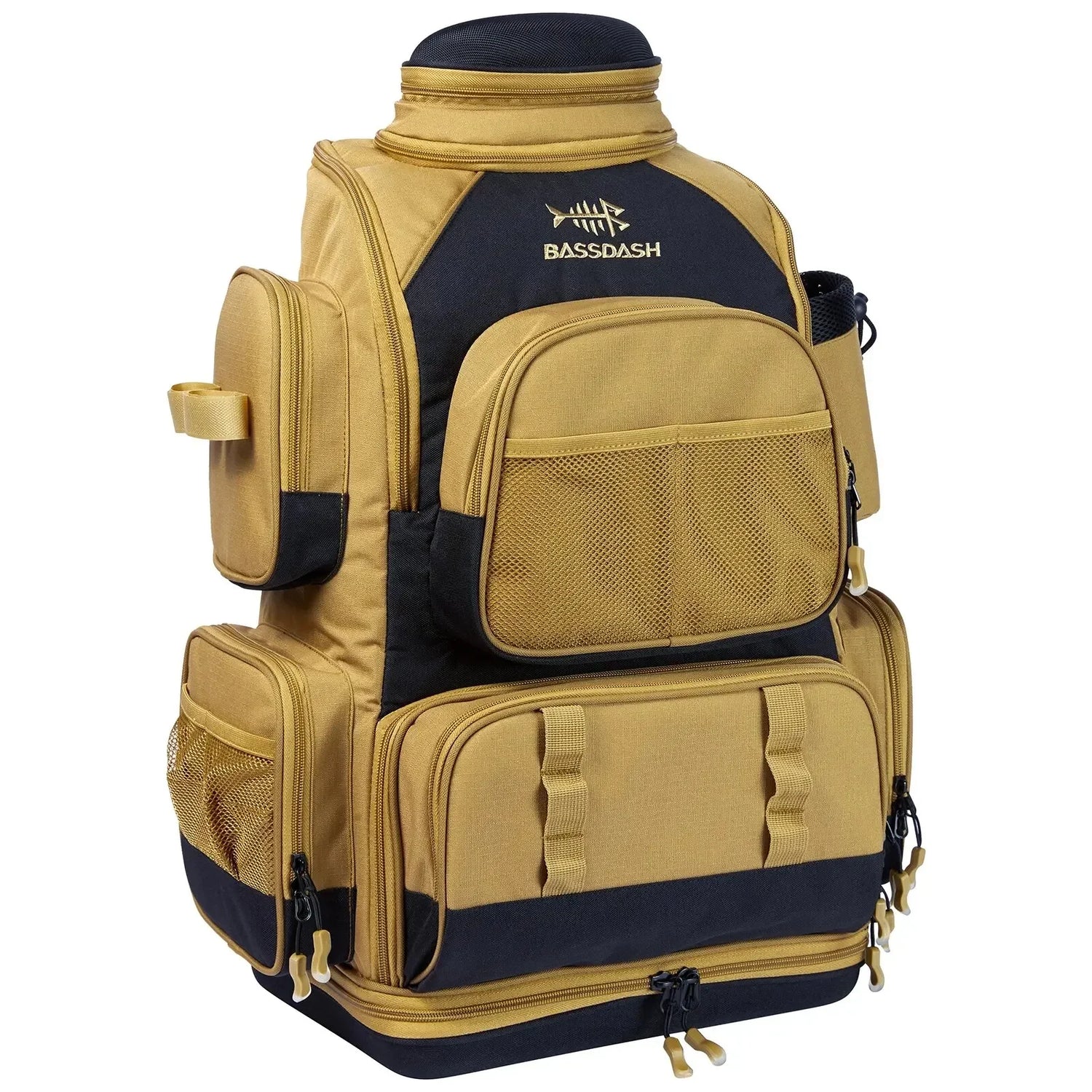 Tan and black utility backpack with multiple zippered pockets and mesh panels