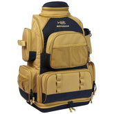 Tan and black utility backpack with multiple zippered pockets and mesh panels