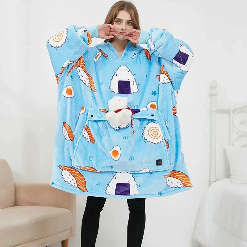 Oversized blue fleece hoodie blanket with sushi and egg print, loose fit, cozy loungewear