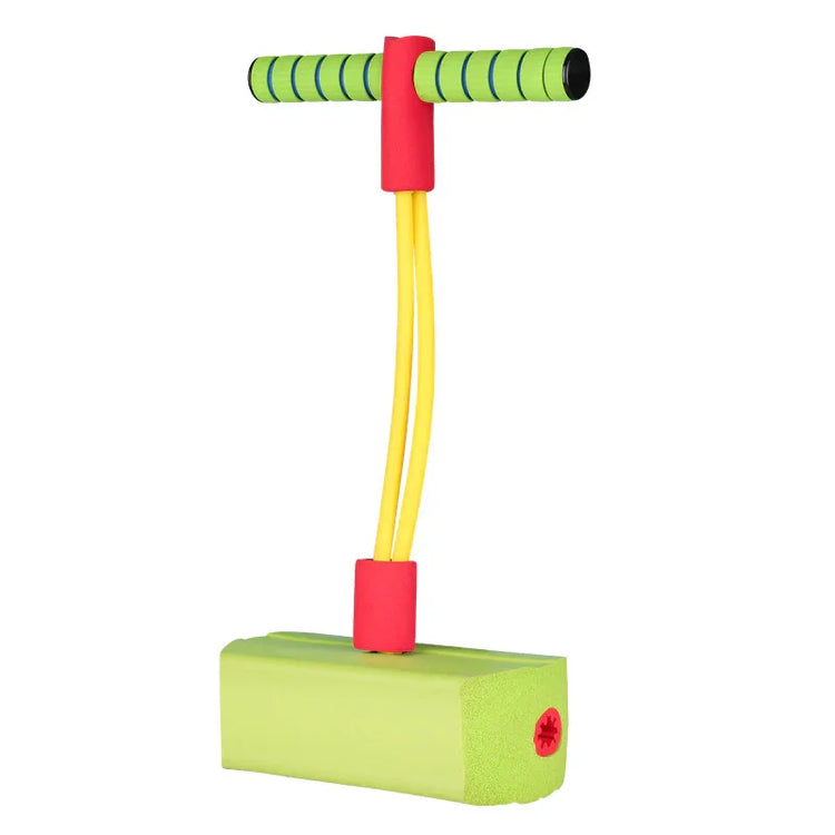 Foam pogo jumper with green handle, yellow elastic tubes, and rectangular green foot base