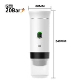 White cylindrical portable espresso machine with power button, black grip, and measurement labels.