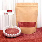 Red candle sand beads in kraft bag and scalloped bowl, 500g, for candle making.