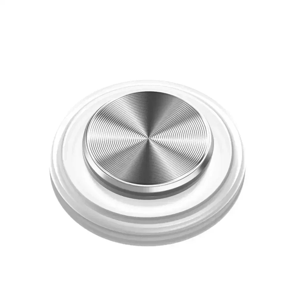 Minimalist silver and white metal button with concentric circle pattern, modern design