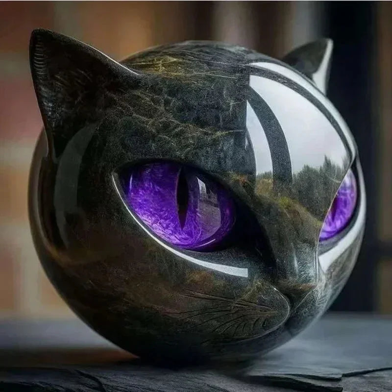Sculpted black cat head with glossy finish and vivid purple eyes, stone-like material