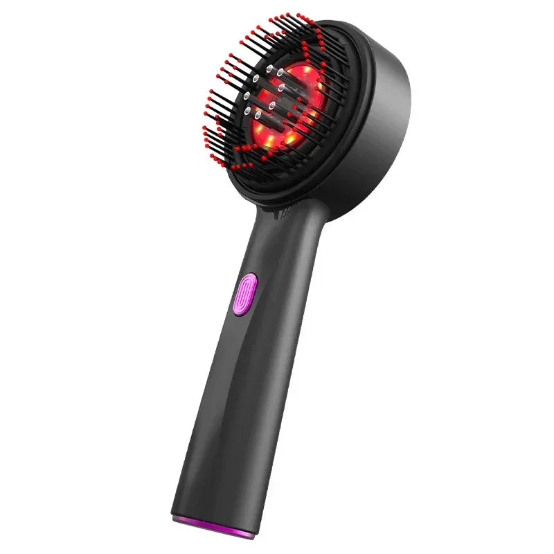 Black handheld electric scalp massager brush with LED lights and purple button