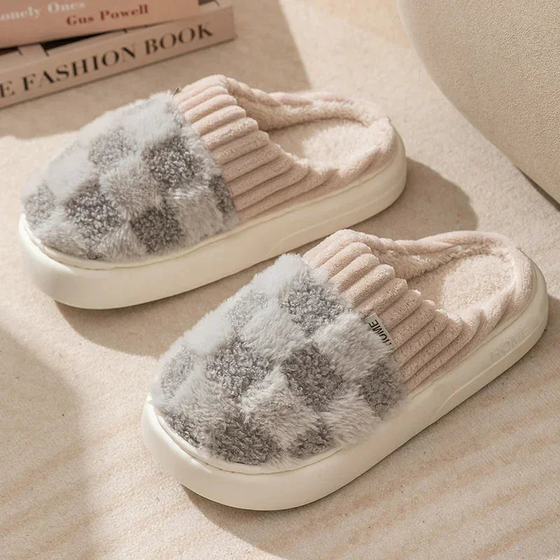 Cozy beige and gray checkered faux fur slip-on slippers with chunky ribbed collar and thick sole